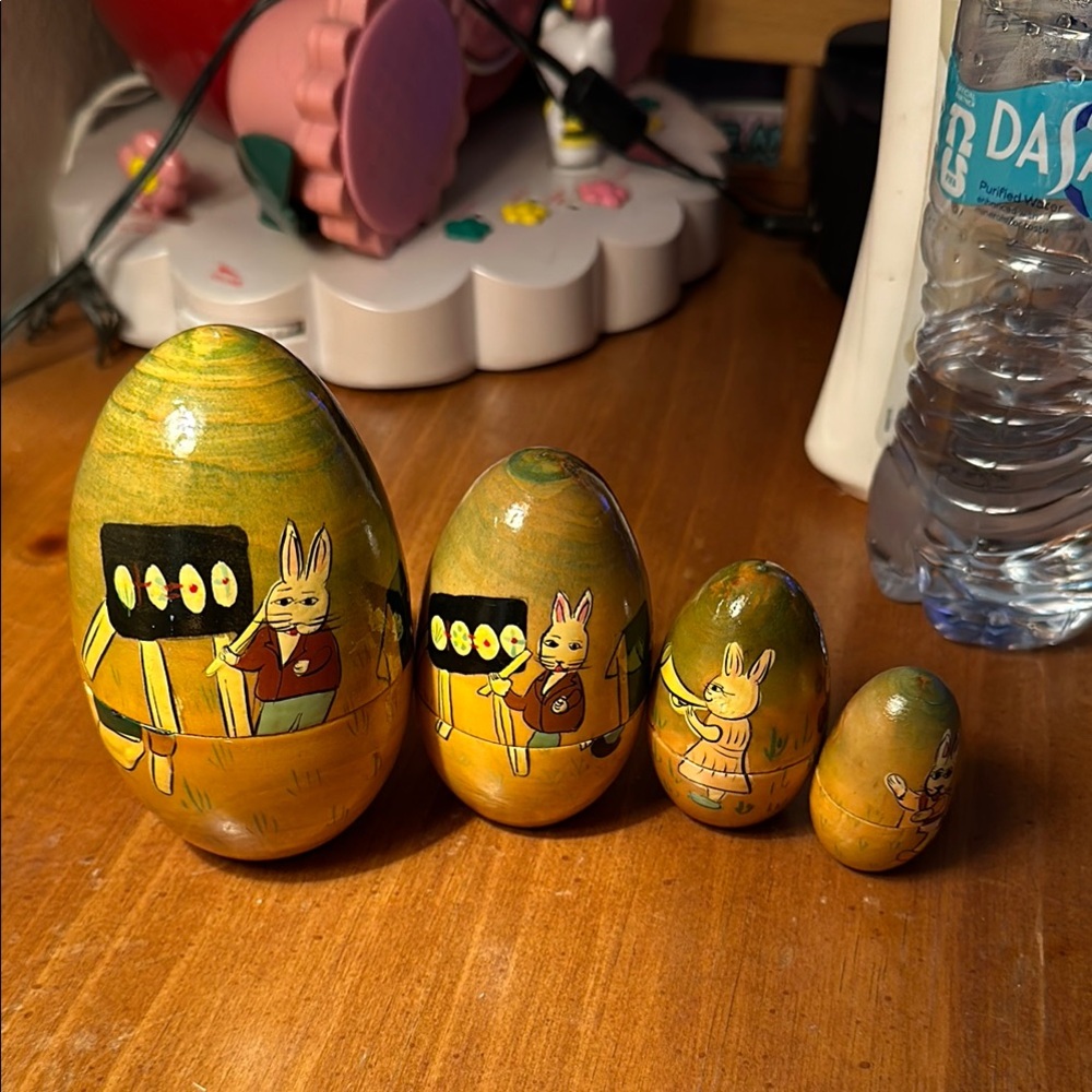 Vintage Hand-Painted Wooden Nesting Eggs with Bunny Design